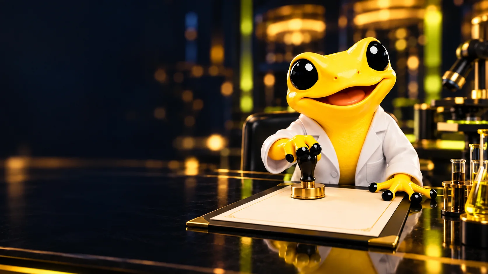 Dorita, DaleWin's frog, stamps a certificate in a laboratory